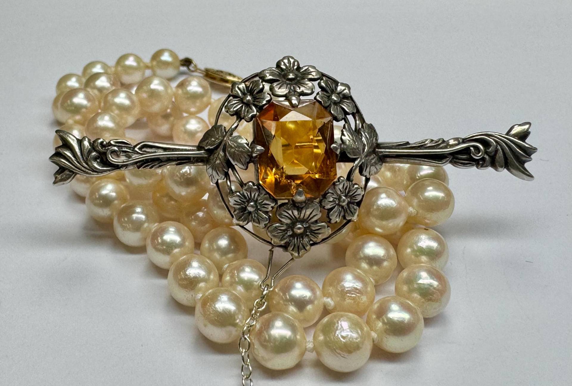 Art Deco Sterling Silber Citrin Brosche Floral Bar Pin von GOLDKNOX