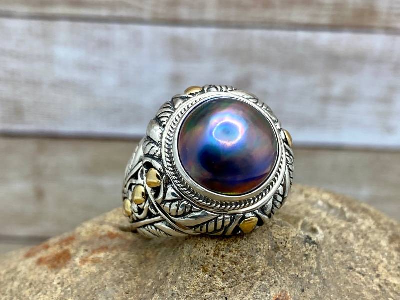 Signierter "Id' 18K Gold Und 925 Sterling Silber Perlenring von GOLDKNOX