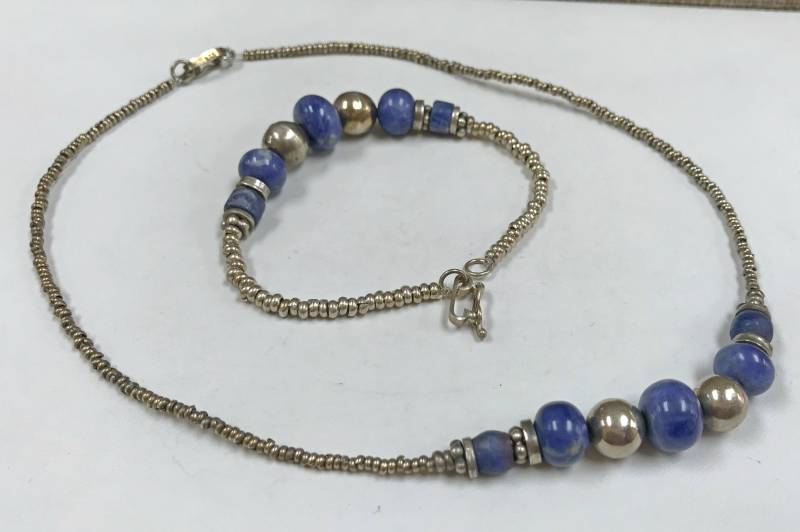 Vintage Handgemachte Perle Halskette Und Armband Set Mit 950 Silber Blau Lapis von GOLDKNOX