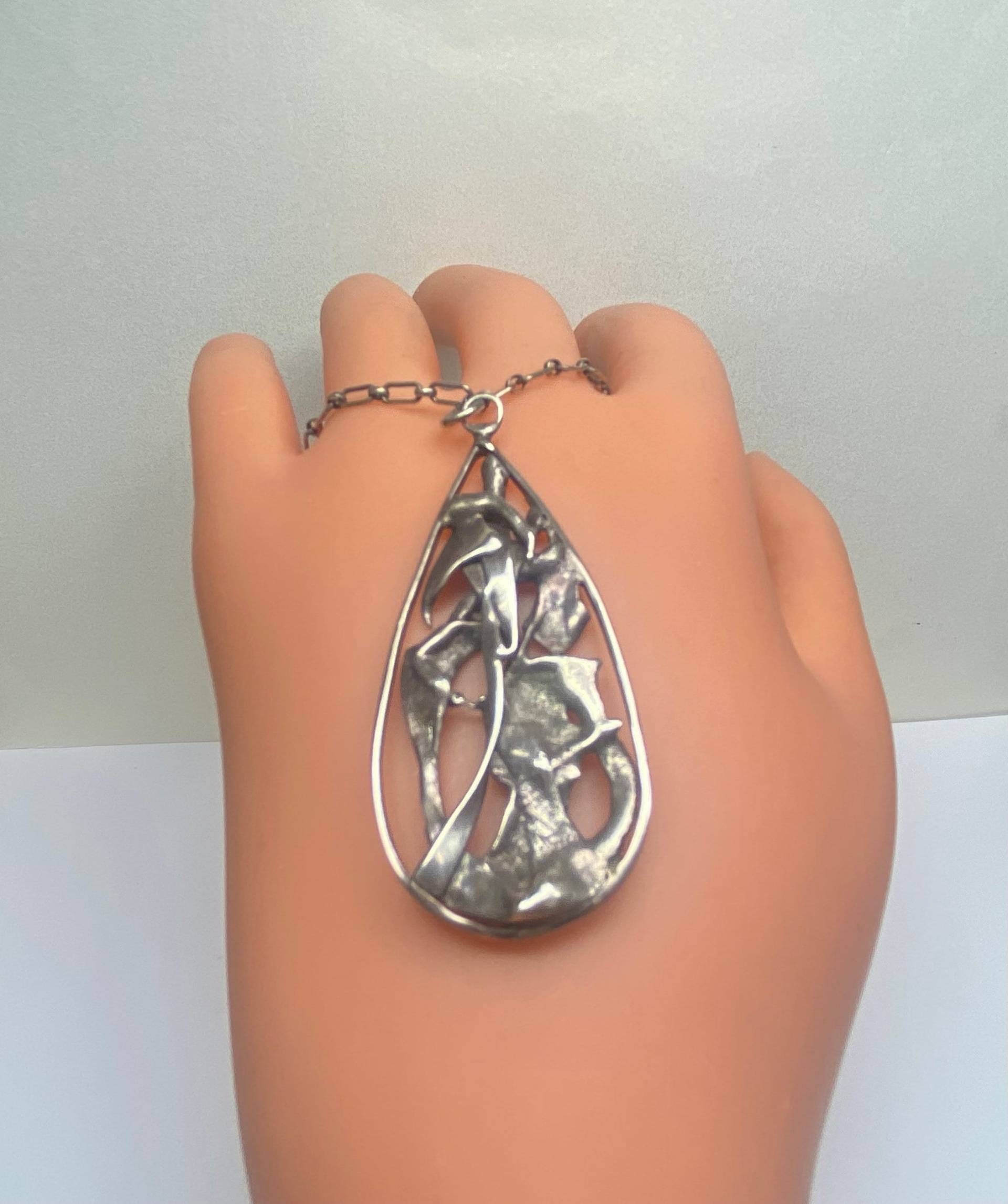 Vintage Massiv Sterling Silber Modernist Anhänger Halskette von GOLDKNOX