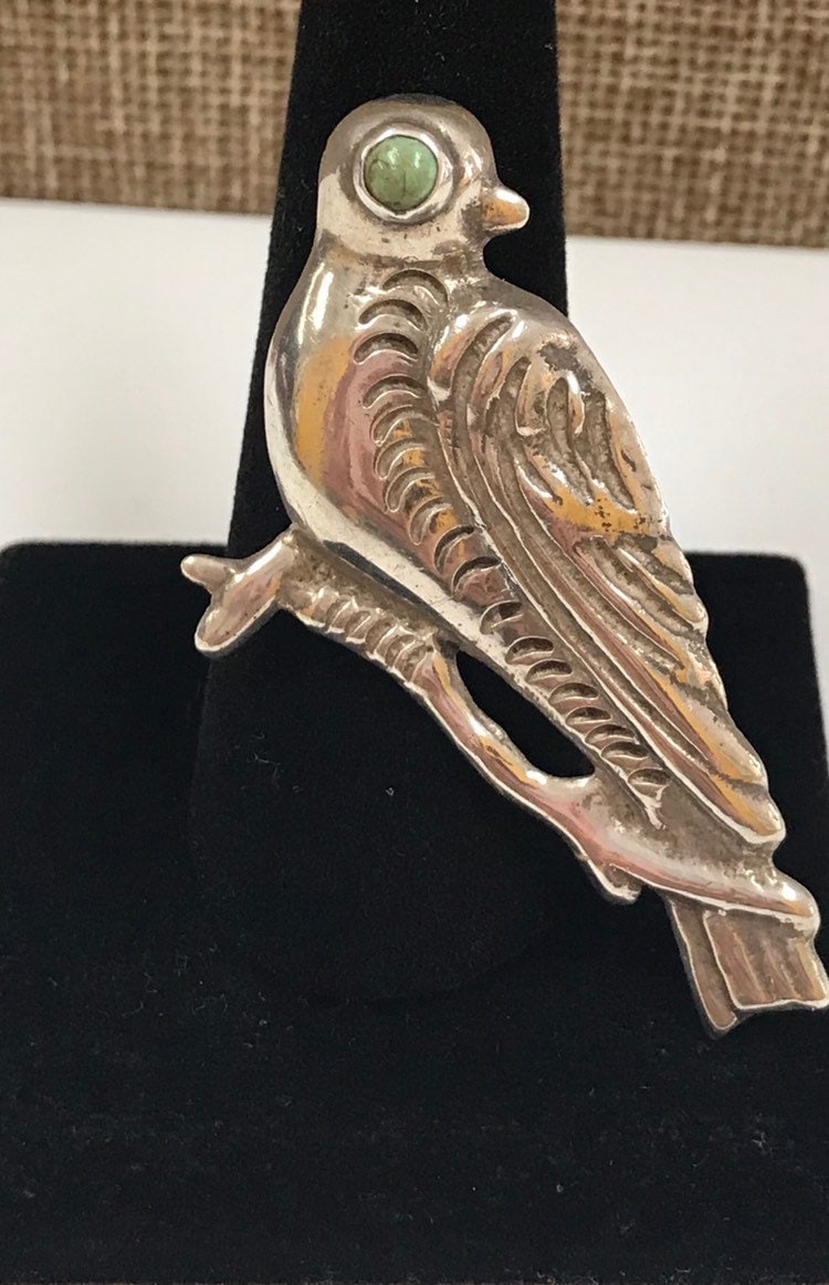 Vintage Mexico Sterling Silver Bird Brooch/Pin With Green Turquoise Eye von GOLDKNOX