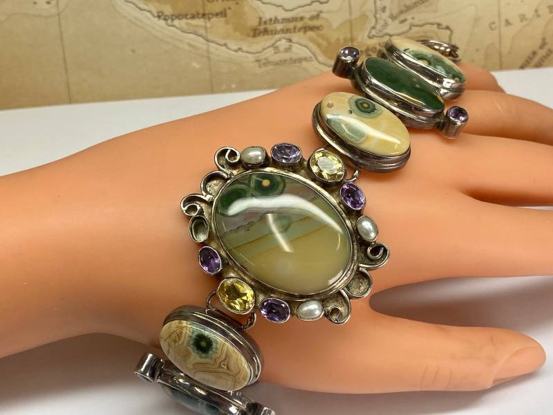 Vintage Schwere Handgemachte Sterling Silber Multi Stone Große Ozean Jaspis, Amethyst Und Perle Linkbracelet von GOLDKNOX