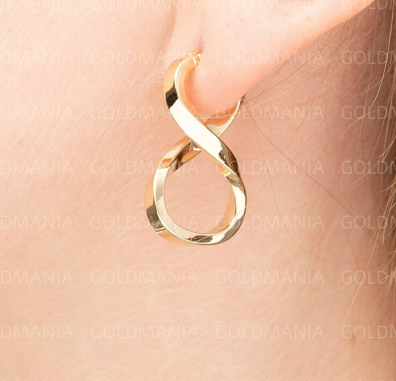 14K Gelbgold Infinity Hoop Ohrring Set, Gold Achter Creolen, Echtgold Twist Polierte Frauen Creolen von GOLDMANIA