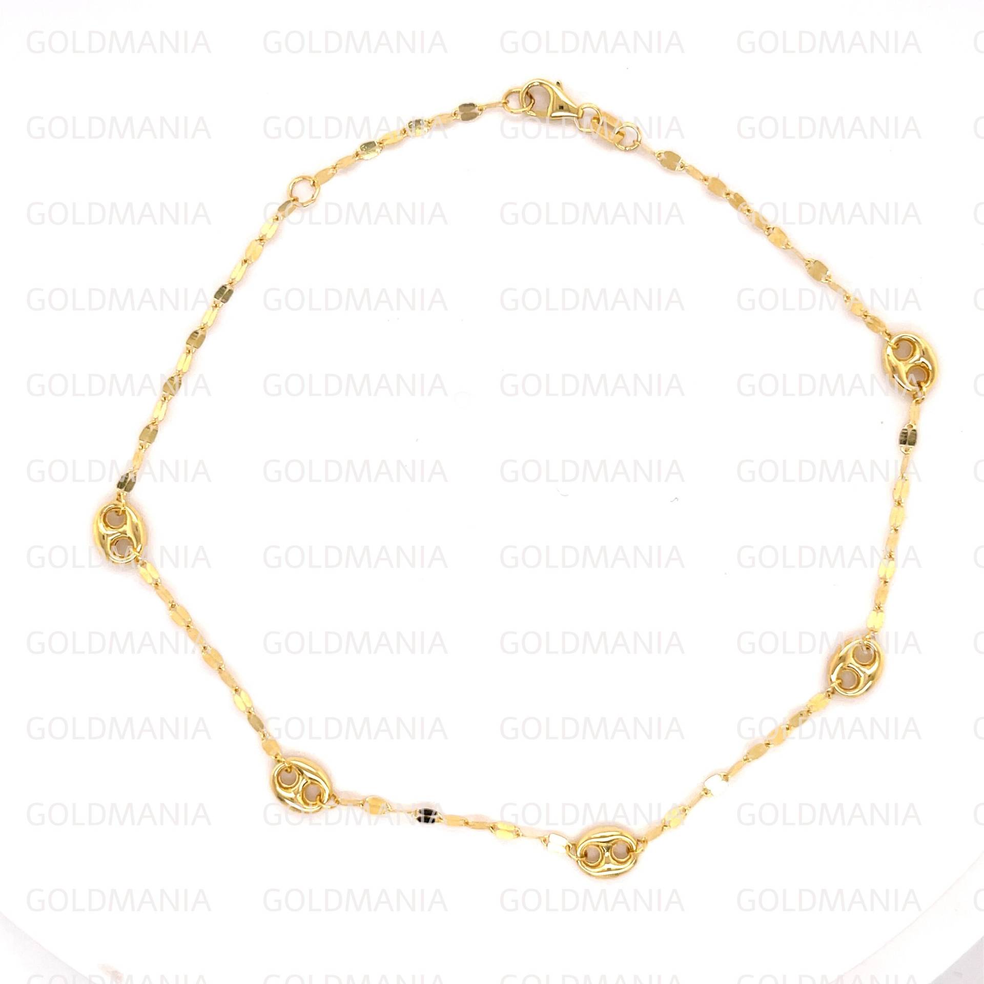 14K Gelbgold Spiegelglied Und Gepufftes Mariner Station Fußkettchen, 10" Zoll, Echtes Gold Fußkettchenschmuck, Frauen von GOLDMANIA