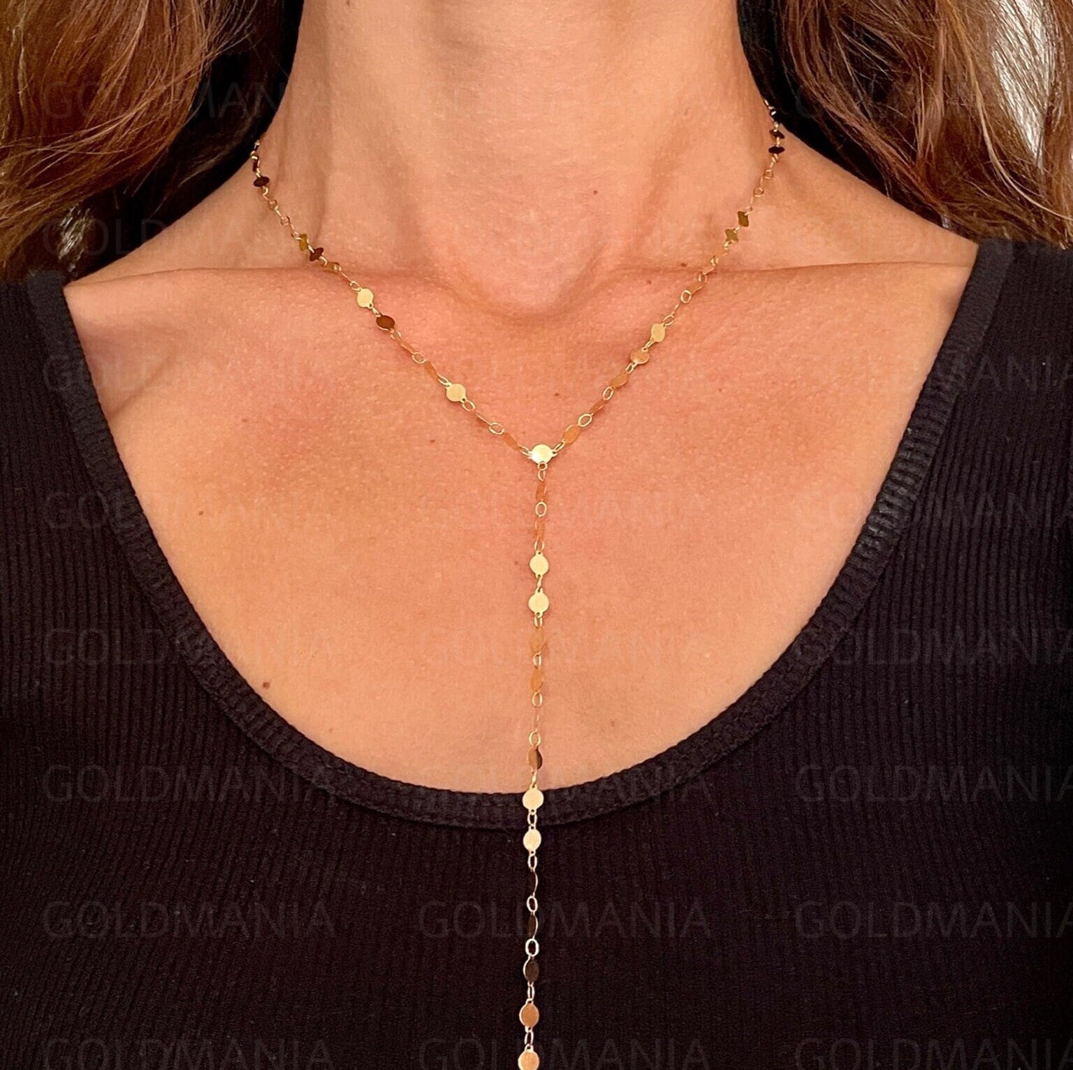 14K Massives Gelbgold Spiegel-Lariat-Kette, 17" Zoll, Echtes Gold, Y-Halskette, Damen von GOLDMANIA