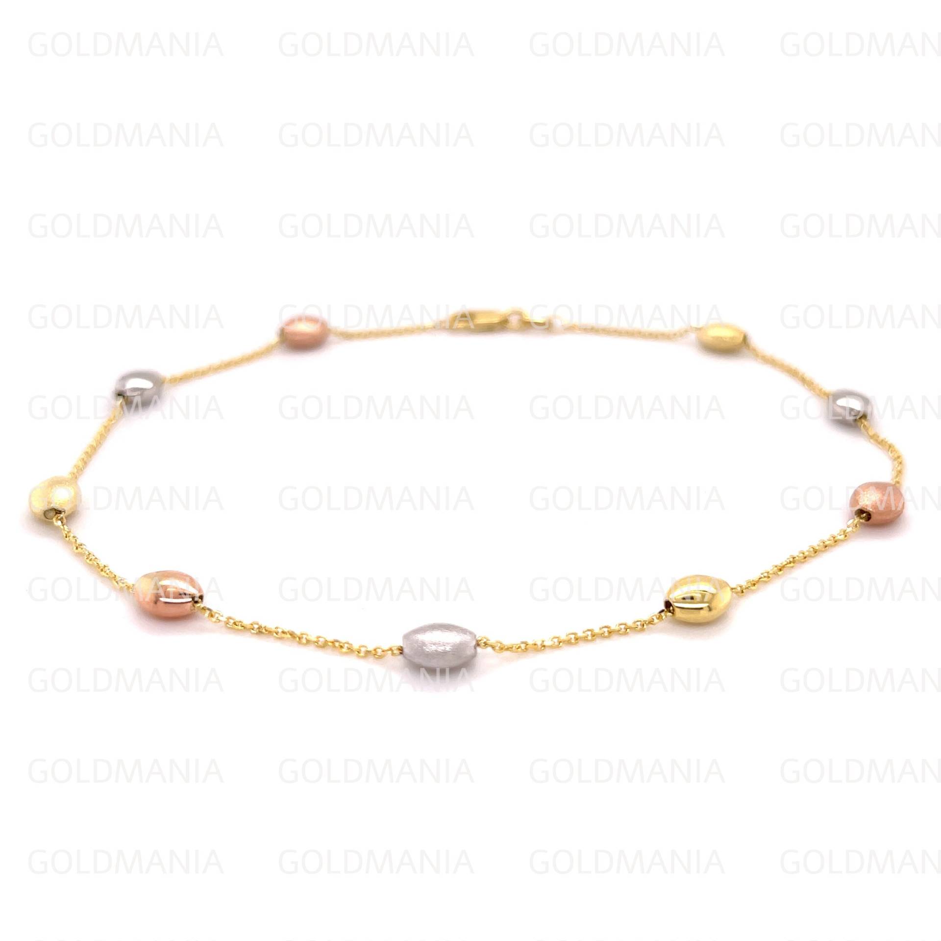 14K Tricolor Gold Satin Und Polierte Kieselstein Perle Fußkettchen, Gelb Weiß Roségold, 10 "Zoll, Echtgold Frauen von GOLDMANIA