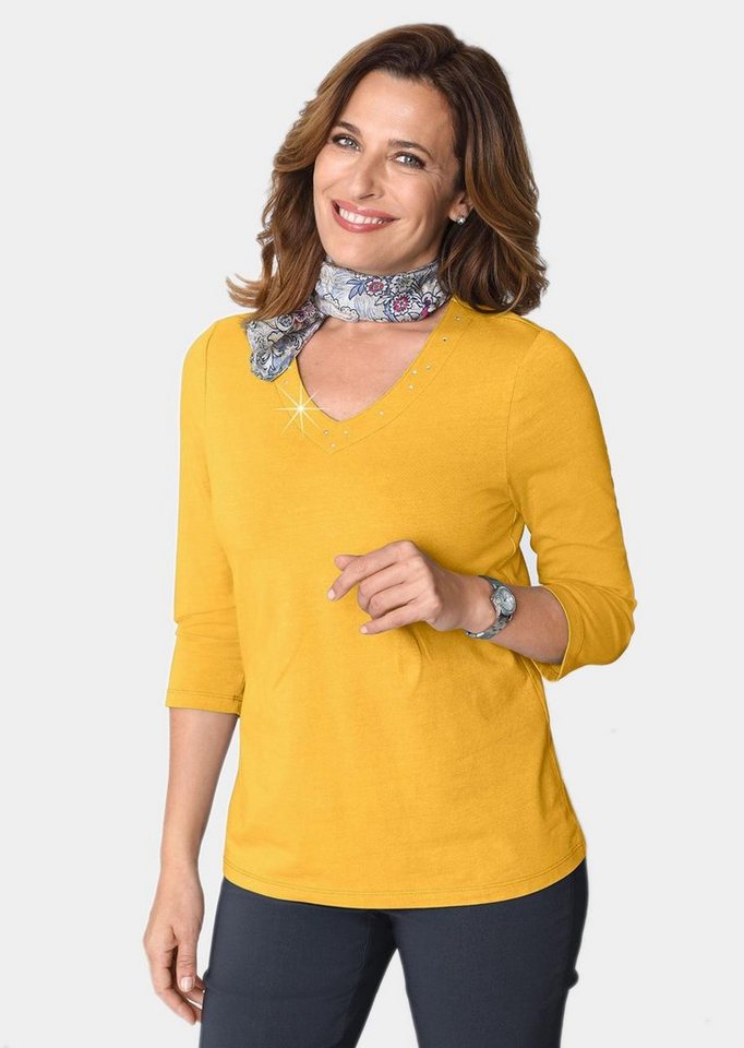 GOLDNER 3/4-Arm-Shirt Kurzgröße: T-Shirt mit Ausschnitt und Steinchen von GOLDNER