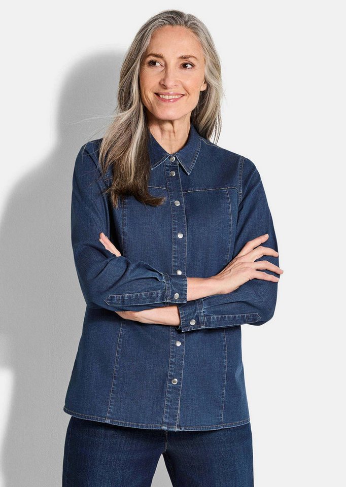 GOLDNER Hemdbluse Kurzgröße: Stilvolle Denim-Bluse mit Druckknöpfen Baumwollshirt mit Kontrastnähten, Hemdkragen und Langarm von GOLDNER