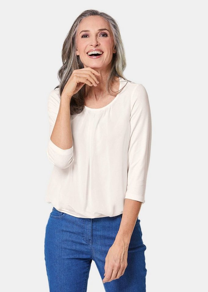 GOLDNER Kurzarmbluse Kurzgröße: Chiffon-Shirt mit 3/4-Arm, Rundhals Damen Sommerbluse, Halbarm, Feierlich, weich, Kunstfaser, Chiffon von GOLDNER