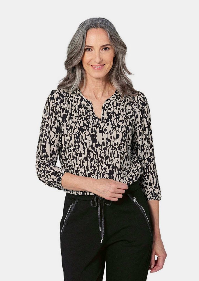 GOLDNER Kurzarmbluse Kurzgröße: Elegantes Blusenshirt mit V-Ausschnitt Schlupfbluse mit Allover-Print, Kräuselung und Langarm von GOLDNER