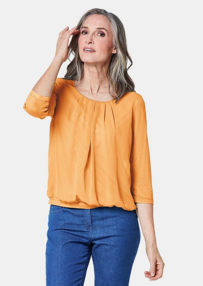 GOLDNER Kurzarmbluse Kurzgröße: Chiffon-Shirt mit 3/4-Arm, Rundhals Damen Sommerbluse, Halbarm, Feierlich, weich, Kunstfaser, Chiffon von GOLDNER
