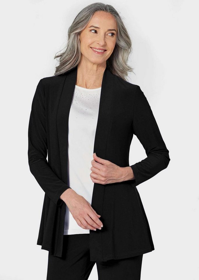 GOLDNER Shirtjacke Kurzgröße: Leichte Shirtjacke lila mit Stretch Damen Indoorjacke Uni, Shirtjacke, kaschierend, elegant, Schalkragen von GOLDNER