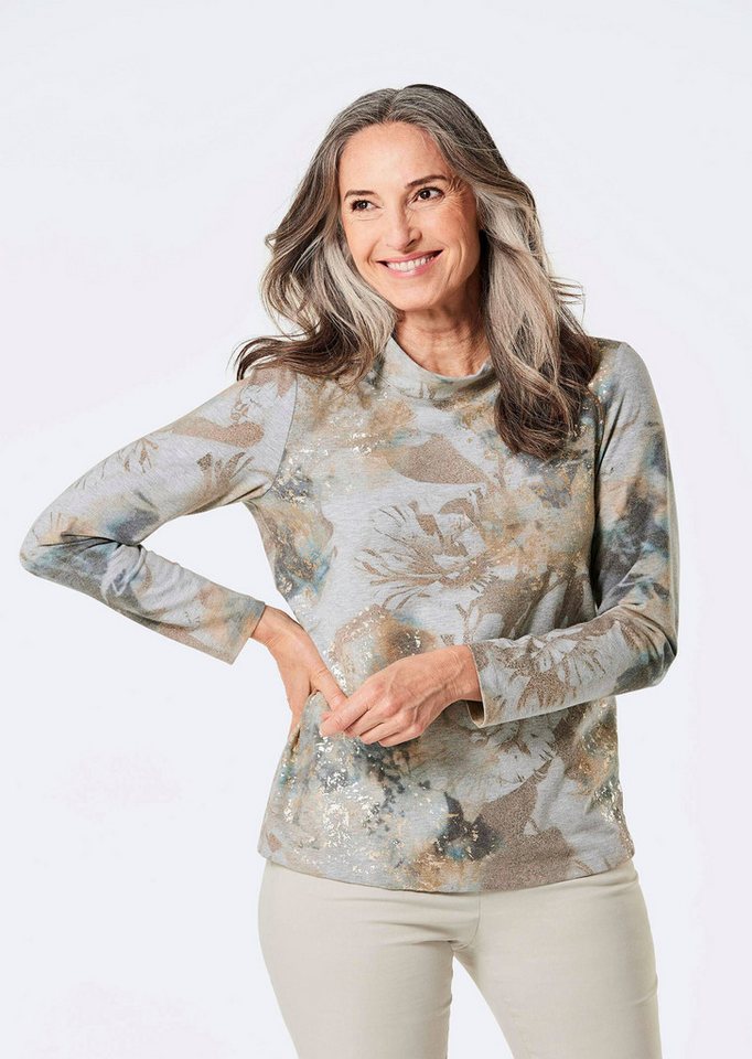 GOLDNER Print-Shirt Kurzgröße: Elegantes Langarmshirt mit Foliendruck Baumwollsweater mit Stehkragen, Seitenschlitzen und Langarm von GOLDNER