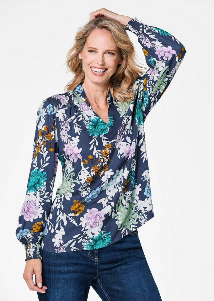 GOLDNER Schlupfbluse Florale Viskosebluse mit Stehkragen Blusenshirt mit Smok-Details und Langarm von GOLDNER