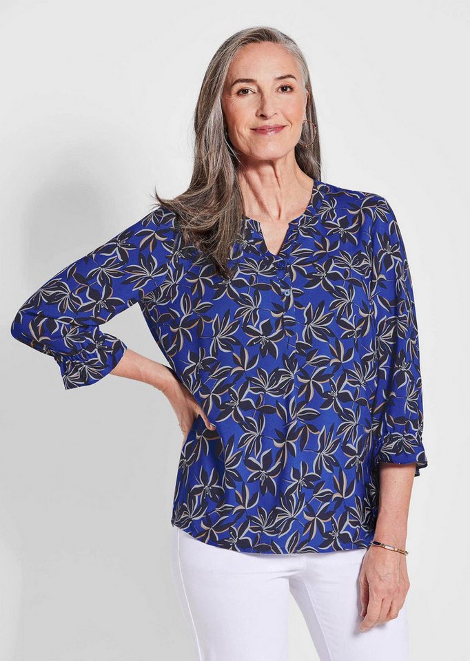 GOLDNER Schlupfbluse Elegante Printbluse mit Rundhalsausschnitt Viskose Bluse mit Blätter-Dessin und Rüschen, 3/4-Arm von GOLDNER