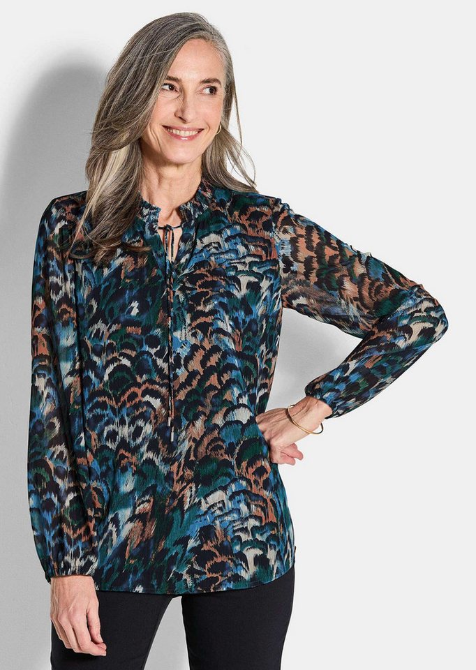 GOLDNER Schlupfbluse Leichte Jersey-Druckbluse, Langarm Schlupfbluse mit gesmoktem Kragen, Bindebändern und Langarm von GOLDNER
