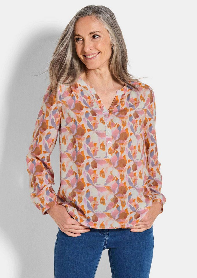 GOLDNER Schlupfbluse Kurzgröße: Florale Druckbluse mit V-Ausschnitt Viskosebluse mit Seitenschlitzen und Langarm von GOLDNER