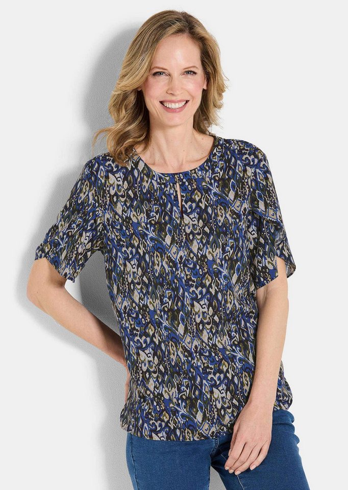 GOLDNER Schlupfbluse Kurzgröße: Elegantes Halbarm Blusenshirt, Druck Viskosebluse mit Rundhalsausschnitt mit Schlitz und lange Ärmel von GOLDNER