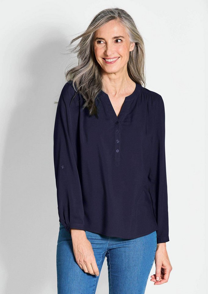 GOLDNER Schlupfbluse Kurzgröße: Elegante Viskosebluse mit V-Ausschnitt Luftige Bluse mit Fältchen, Knopfleiste und Langarm von GOLDNER