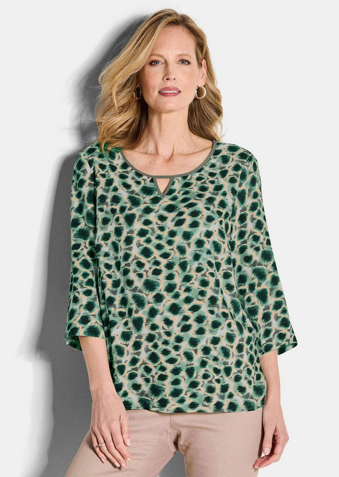 GOLDNER Schlupfbluse Kurzgröße: Elegante Viskosebluse mit Leo-Muster Printbluse mit Rundhalsausschnitt, V-Detail und 3/4-Ärmeln von GOLDNER