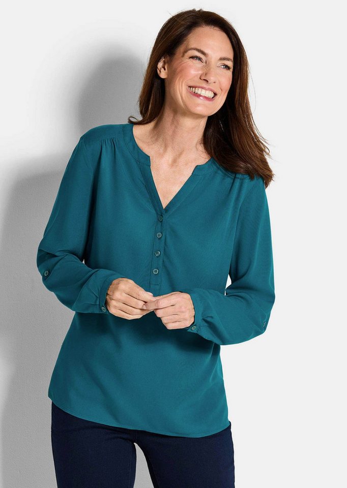 GOLDNER Schlupfbluse Kurzgröße: Elegante Viskosebluse mit V-Ausschnitt Luftige Bluse mit Fältchen, Knopfleiste und Langarm von GOLDNER