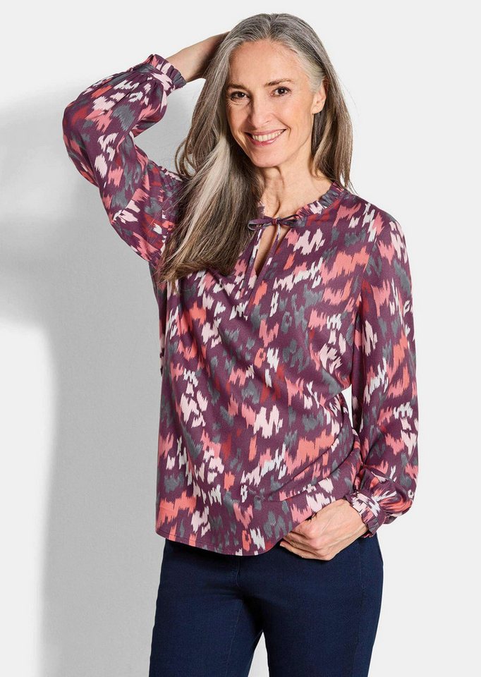 GOLDNER Schlupfbluse Moderne Rüschenbluse mit Stehkragen Printbluse mit Rundhals, Bindeband und langen Ärmeln von GOLDNER
