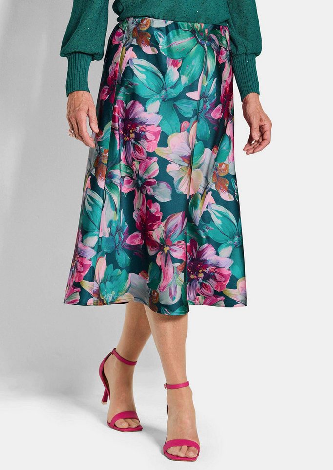 GOLDNER Schlupfrock Kurzgröße: Eleganter A-Linienrock, floraler Print Midirock aus schimmerndem Satin mit elastischem Bund, verschlusslos von GOLDNER