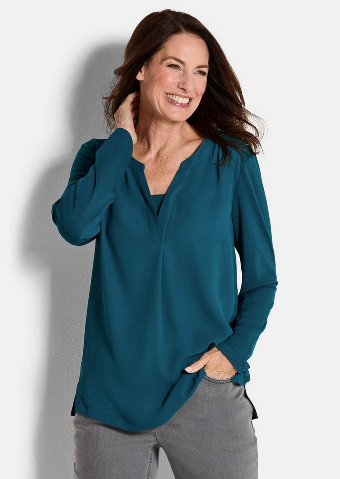 GOLDNER Shirtbluse Langarm Damen Unibluse mit Chiffoneinsatz und Rundhalsaussschnitt von GOLDNER