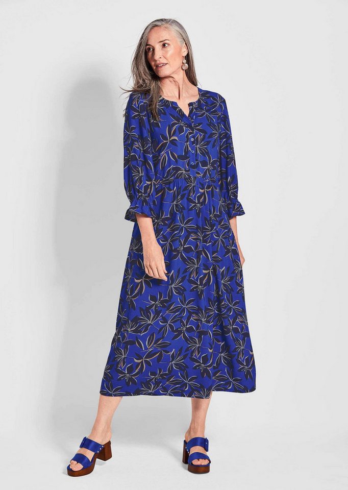 GOLDNER Sommerkleid Fließendes Viskosekleid mit V-Ausschnitt Romantisches Blätter-Dessin, 3/4-Ärmel mit Rüschen, Midilänge von GOLDNER