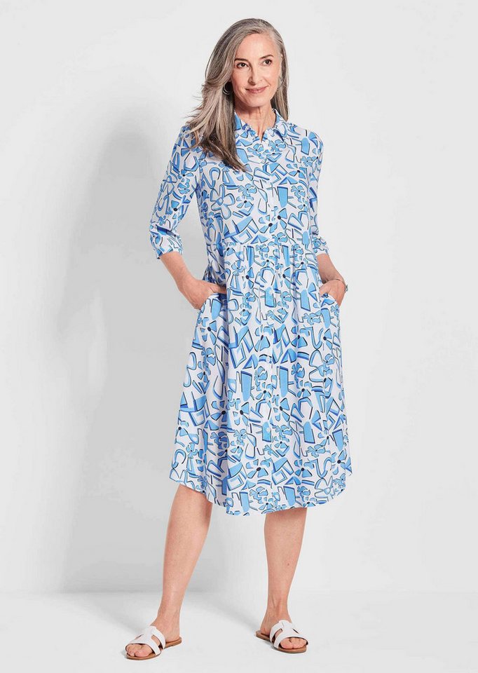 GOLDNER Sommerkleid Kurzgröße: Grafisches Hemdblusenkleid mit Taschen Luftiges Viskosekleid mit floralen Mustern, Halbarm, Hemdkragen von GOLDNER
