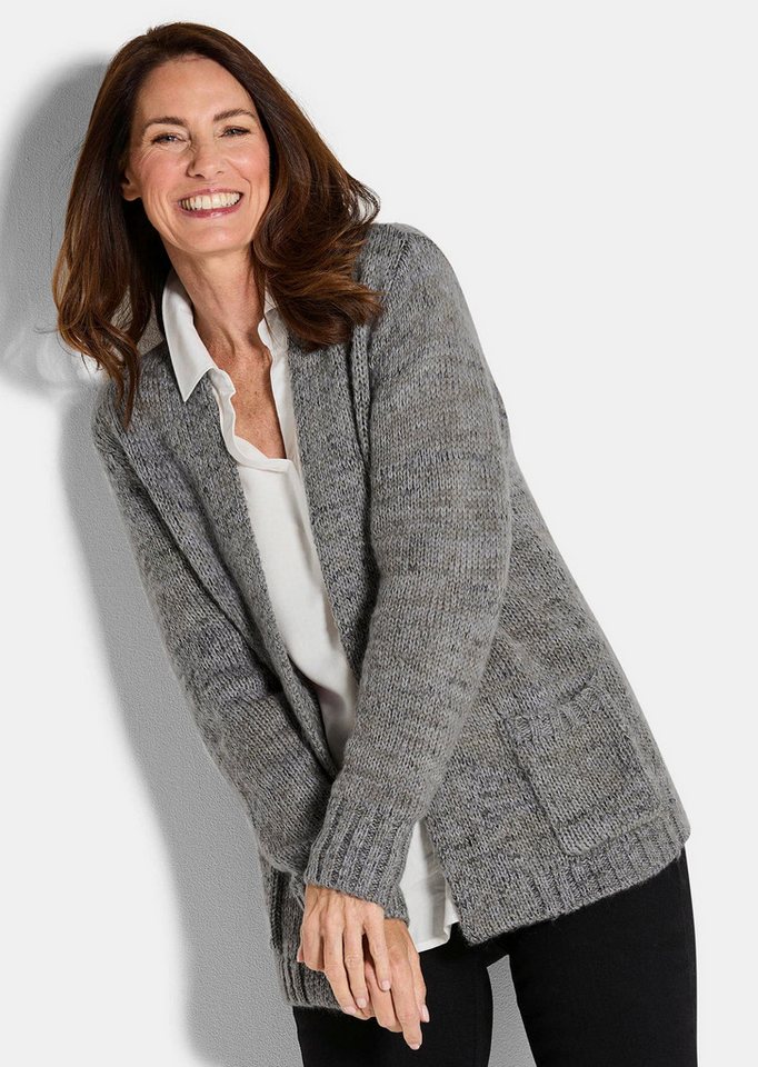 GOLDNER Strickjacke Kurzgröße: Langarm Melange-Cardigan, flauschig Weiche Jacke mit Taschen, verschlusslos, hüftlang, Feinstrick von GOLDNER