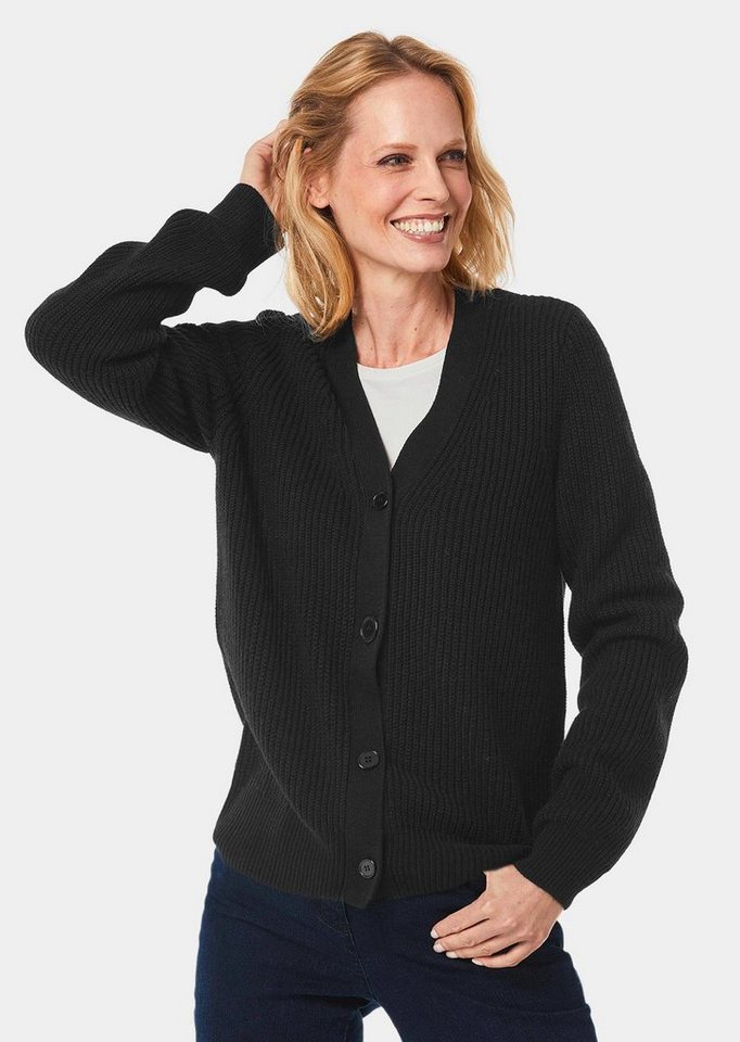 GOLDNER Strickjacke Elegante Strickjacke mit V-Ausschnitt Kurzjacke mit Rippstruktur, Knopfleiste und Langarm GOLDNER Strickjacke Elegante Strickjacke mit V-Ausschnitt Kurzjacke mit Rippstruktur, Knopfleiste und Langarm von GOLDNER