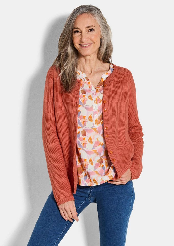 GOLDNER Strickjacke Cardigan aus Baumwolle, Rundhals Feinstrickjacke in raffinierter Piqué-Optik mit Rundhals, Knopfleiste von GOLDNER