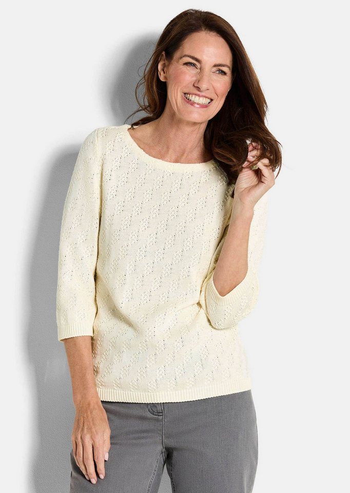 GOLDNER Strickpullover Kurzgröße: Halbarm Baumwollpullover mit Struktur Elegantes Strickoberteil mit U-Boot-Ausschnitt und 3/4-Ärmel von GOLDNER