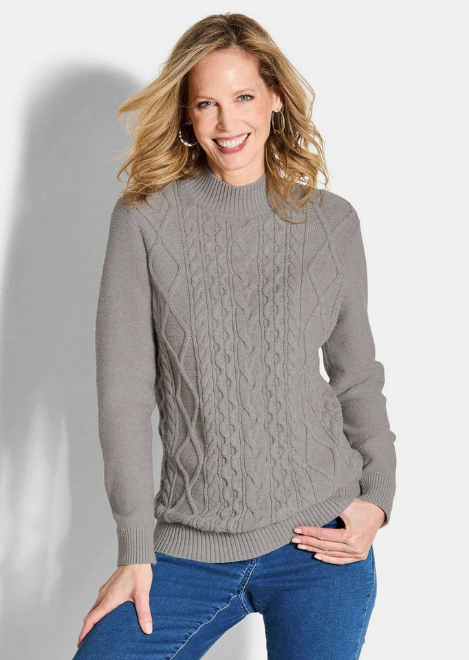 GOLDNER Strickpullover Kurzgröße: Langarm Viskoseoberteil im Zopfmuster Hüftlanger Pullover mit Stehkragen und Rippenbündchen von GOLDNER