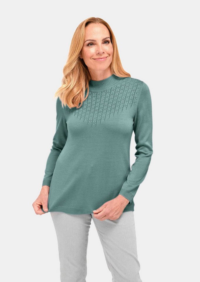 GOLDNER Strickpullover Kurzgröße: Eleganter Ajourpullover mit Stehbund Langarm Sweatshirt mit V-förmiger Ajourmusterung, gerippter Stehkragen von GOLDNER