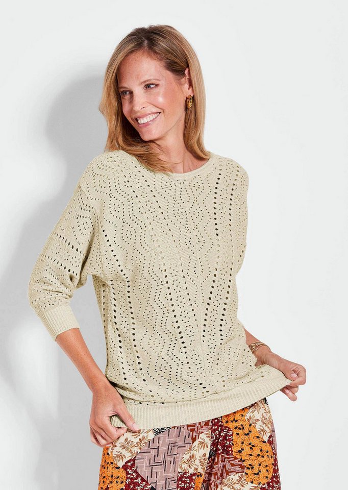 GOLDNER Strickpullover Weißer Halbarmpullover Eleganter Pullover mit 3/4 Arm, Rippenbündchen, Glanzgarn von GOLDNER