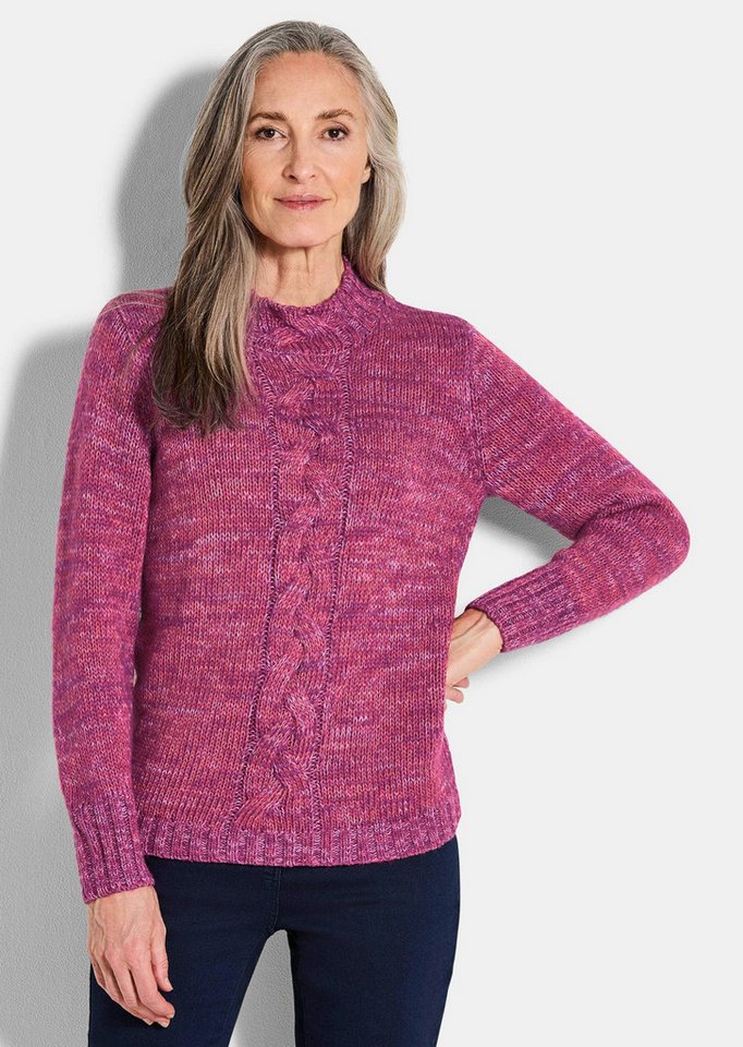 GOLDNER Strickpullover Hüftlanger Langarm Pullover, Zopfstrick Melange Feinstrick-Pullover mit Stehkragen und Rippenstruktur von GOLDNER