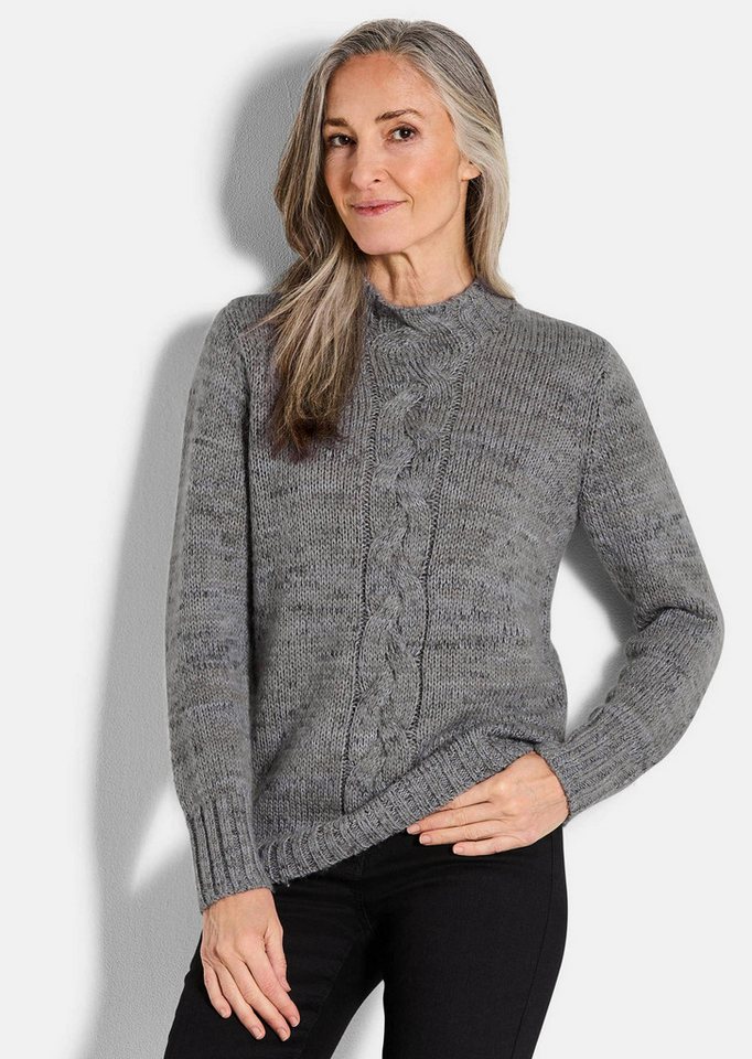GOLDNER Strickpullover Hüftlanger Langarm Pullover, Zopfstrick Melange Feinstrick-Pullover mit Stehkragen und Rippenstruktur von GOLDNER