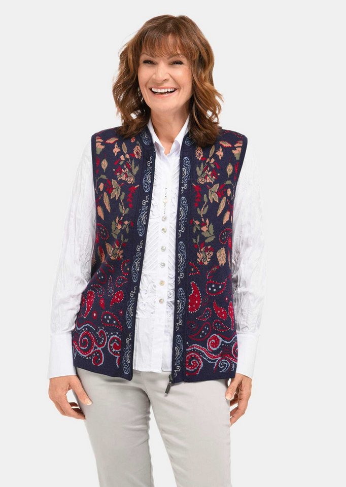 GOLDNER Strickweste Elegante Viskose-Weste mit Muster Hüftlange Weste mit floralem Jacquardmuster, Reißverschluss von GOLDNER