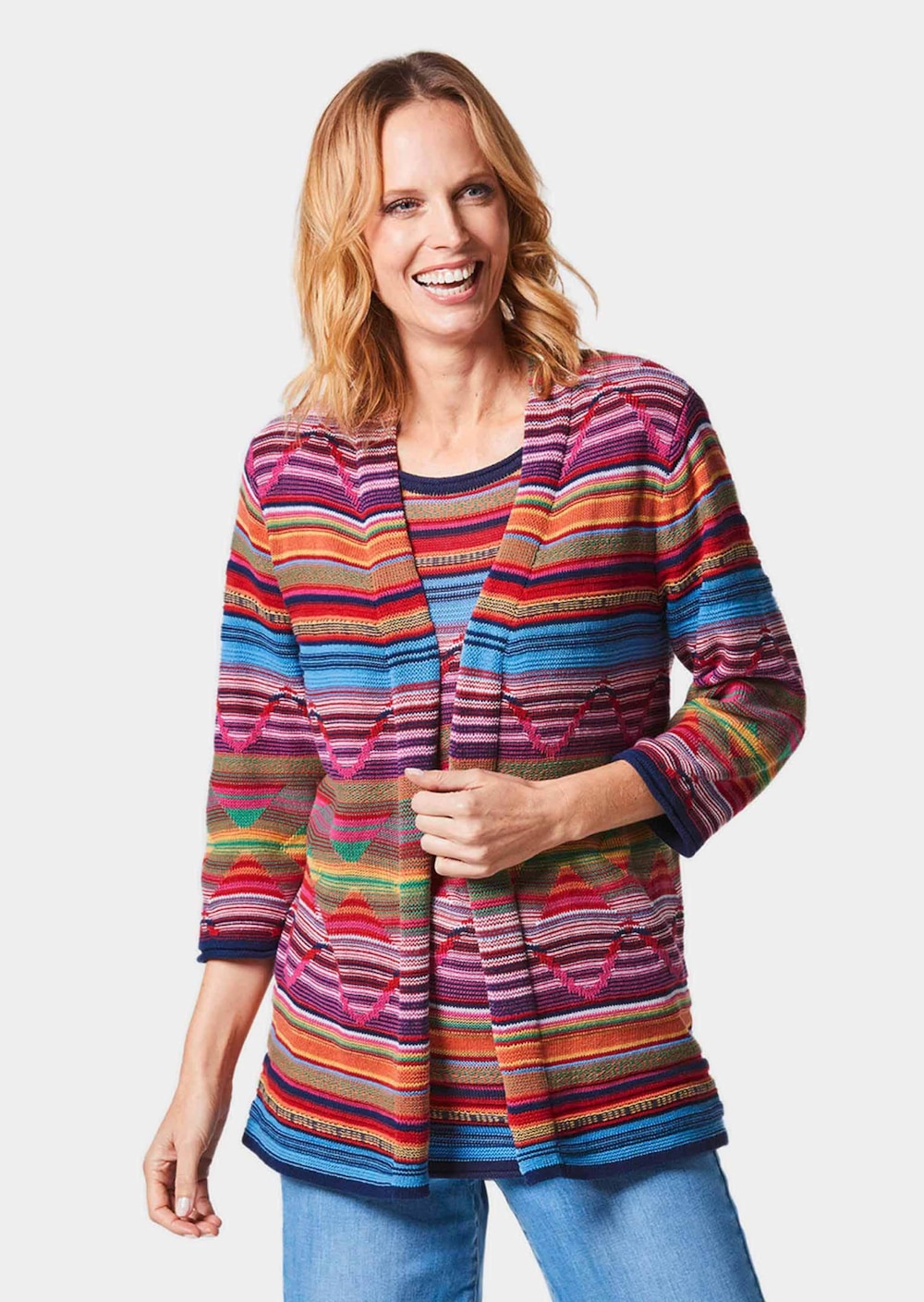 Große Größen Abstrakt gemusterte Jaquardstrickjacke, Damen, blau, Größe: 24, Baumwolle, Happy Size DE Women von GOLDNER