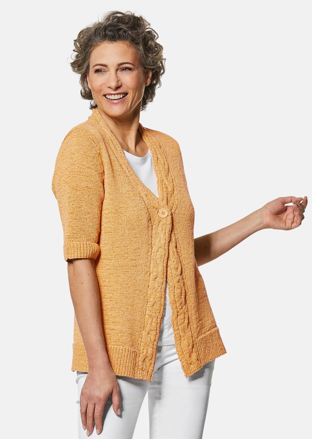 Große Größen Bändchengarn-Strickjacke mit Details, Damen, gelb, Größe: 21, Polyester/Baumwolle, Happy Size DE Women von GOLDNER