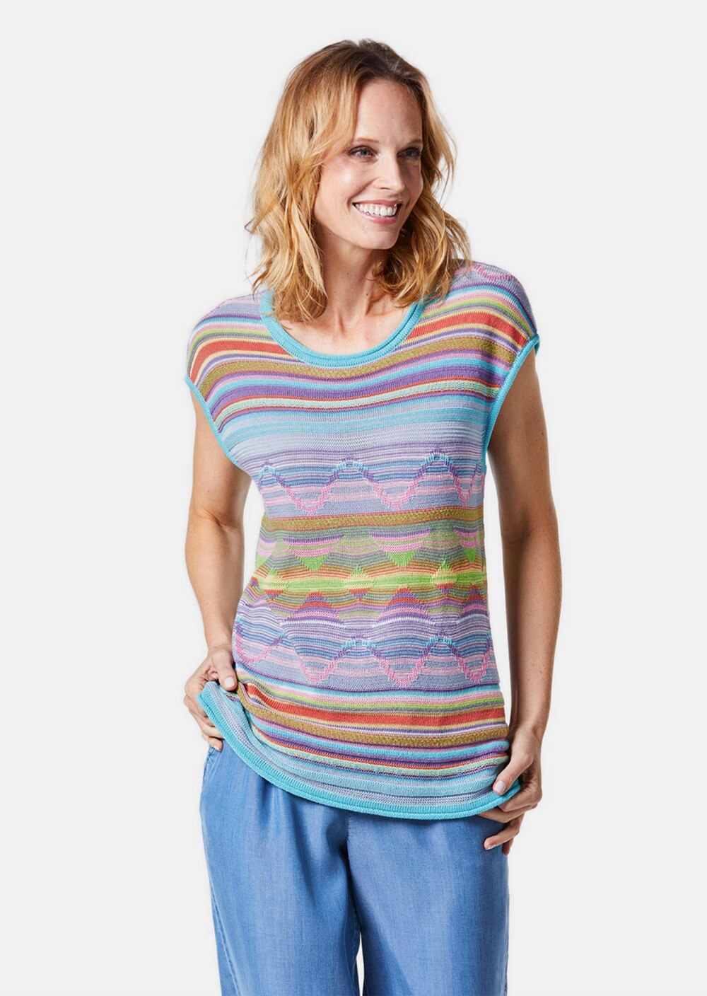 Große Größen Bequemes Top mit kombinationsstarkem Dessin, Damen, blau, Größe: 48, Baumwolle, Happy Size DE Women von GOLDNER