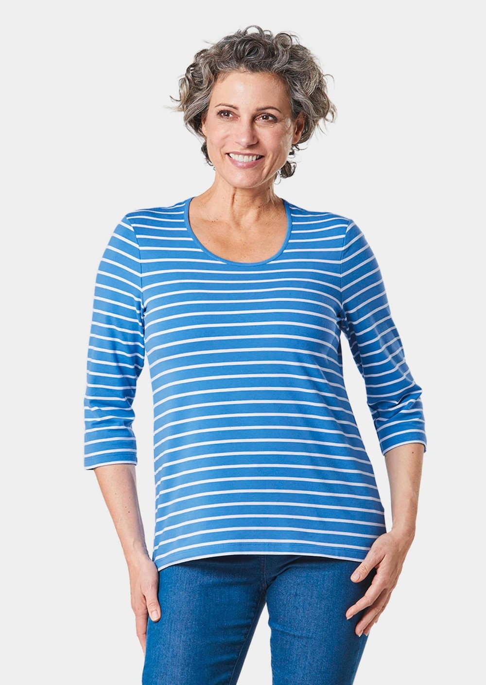 Große Größen Buntgewirktes Ringelshirt, Damen, blau, Größe: 46, Baumwolle, Happy Size DE Women von GOLDNER