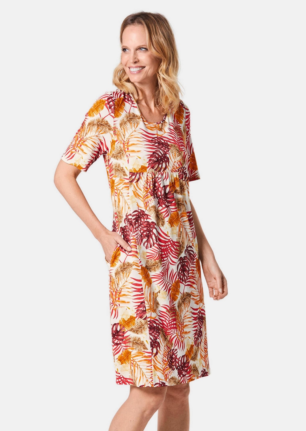 Große Größen Elastisches Jerseykleid mit modischem Druck, Damen, orange, Größe: 44, Viskose, Happy Size DE Women von GOLDNER