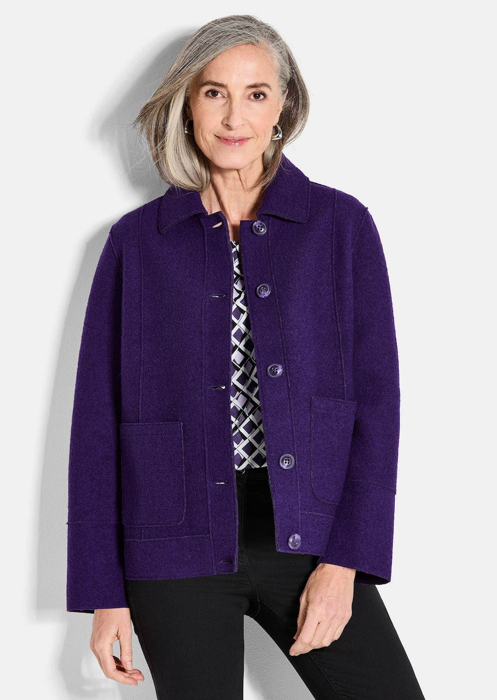 Große Größen Elegante Wolljacke mit Hemdkragen, Damen, lila, Größe: 24, Polyester/Wolle/Viskose, Happy Size DE Women von GOLDNER