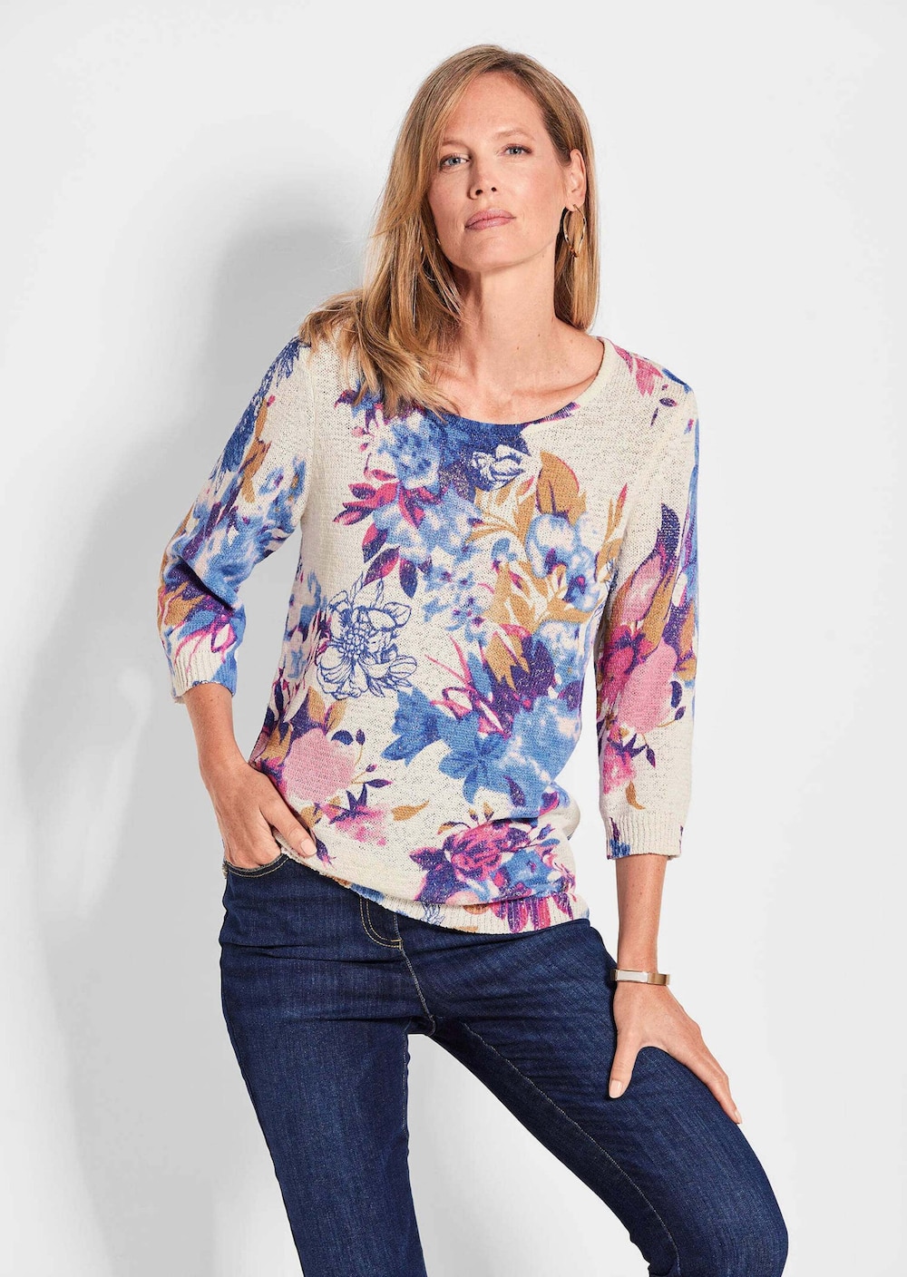 Große Größen Femininer Druckpullover, Damen, weiß, Größe: 24, Polyester/Baumwolle, Happy Size Women von GOLDNER