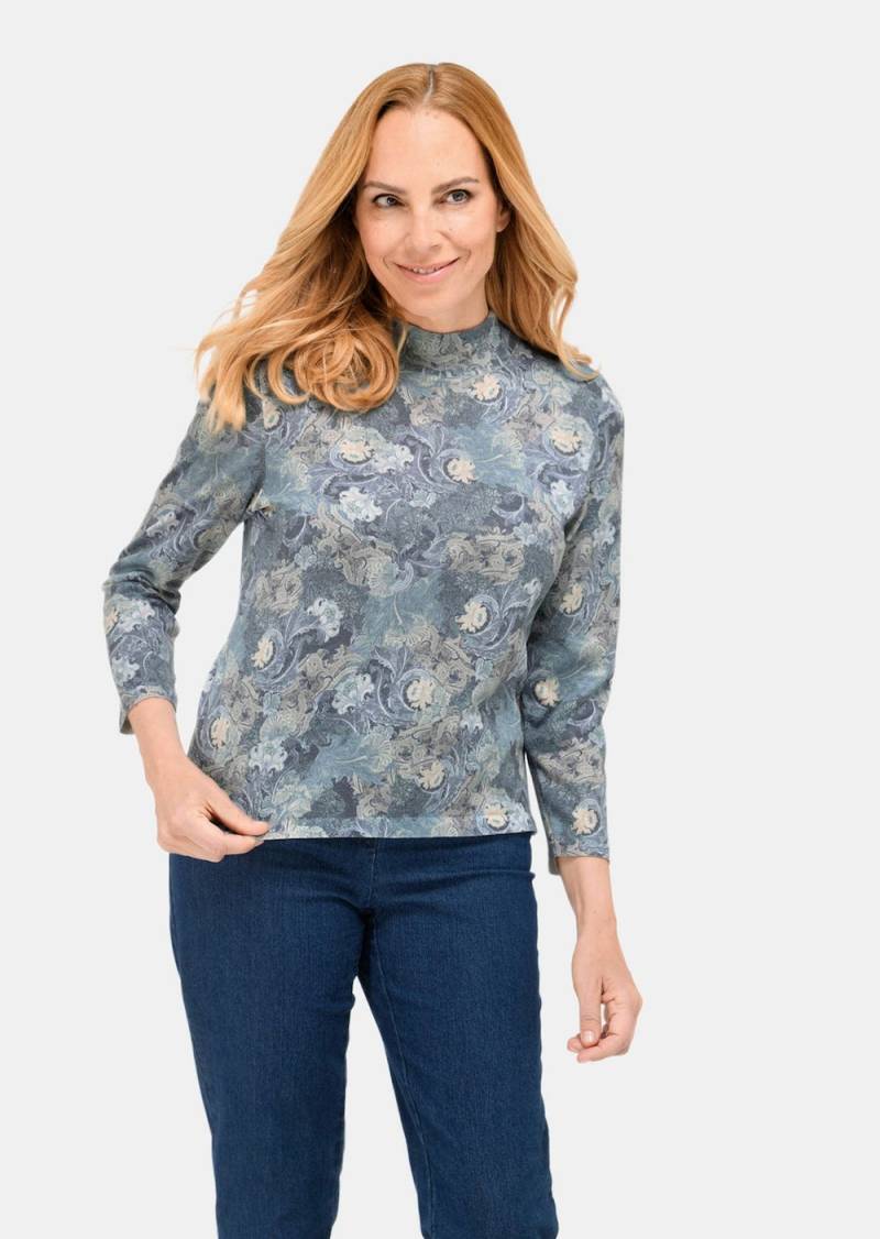 Große Größen Floraler Strickpullover mit Stehkragen, Damen, blau, Größe: 42, Polyester/Viskose, Happy Size DE Women von GOLDNER