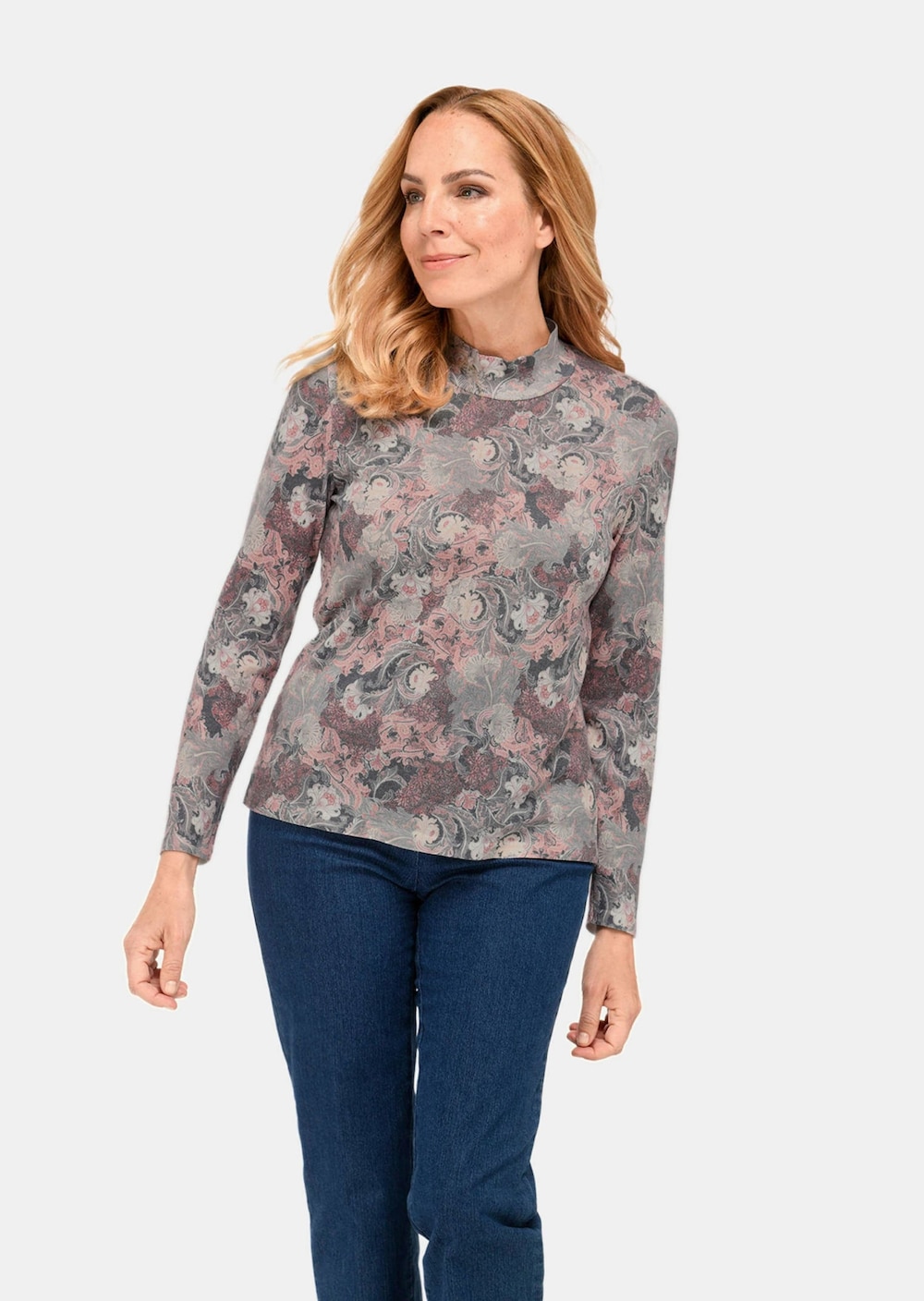Große Größen Floraler Strickpullover mit Stehkragen, Damen, rosa, Größe: 24, Polyester/Viskose, Happy Size DE Women von GOLDNER