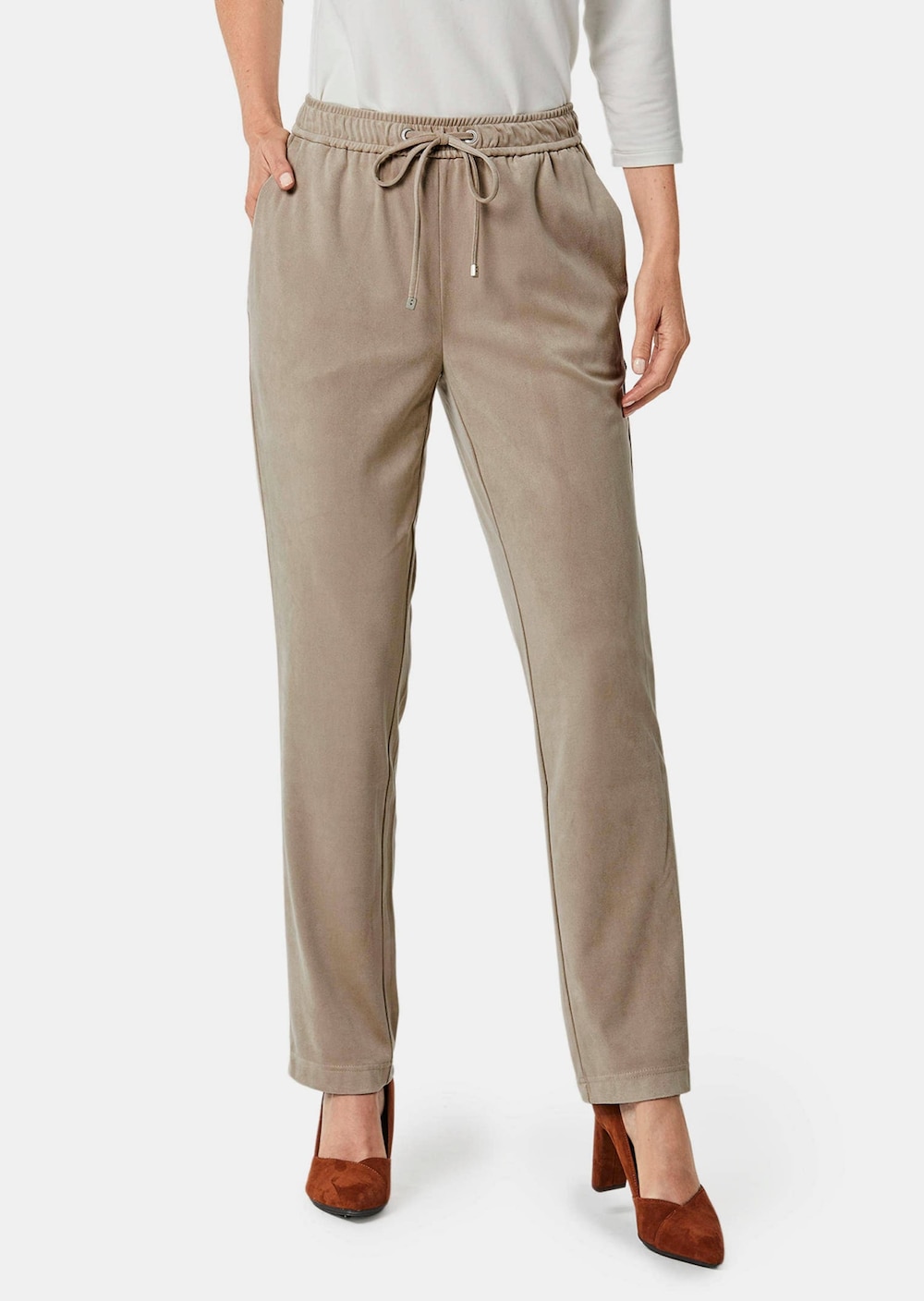 Große Größen Freizeithose SARA in Veloursleder-Optik, Damen, beige, Größe: 48, Polyester/Elasthan, Happy Size DE Women von GOLDNER